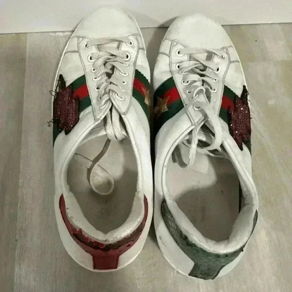 Gucci White Leather Ace Sneakers Lightning Bolt Star Red Green Mens Size 8G - Picture 14 of 14
